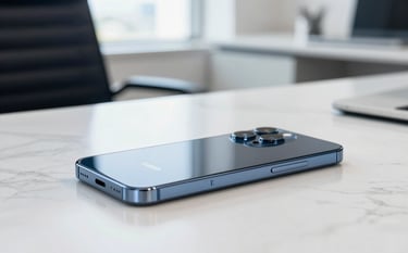 A high-end modern smartphone lying on a polished white marble desk in a bright Middle Eastern office. Soft natural light, professional photography, clean composition with hints of dark navy and white colors in the background.