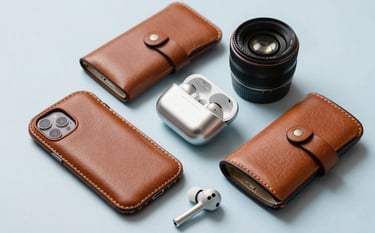 A collection of luxury mobile accessories, including leather cases and silver wireless earbuds, displayed on a light blue surface. Modern and clean aesthetic, studio lighting, Middle Eastern / Gulf context.