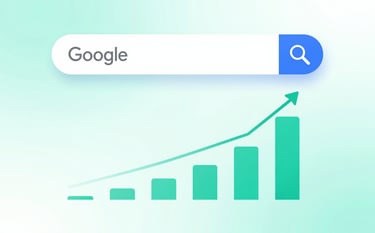 A professional and confident image showing a growth graph climbing upwards integrated with a Google search bar. The background uses a soft #E0F2F7 gradient. Visual elements in #1B3A5C and #3D798C represent digital progress and visibility.