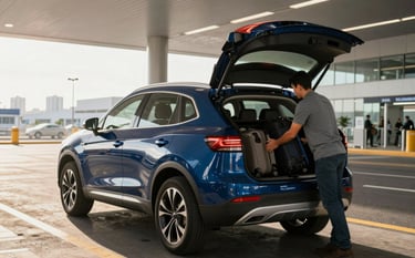 A spacious dark blue SUV at a modern airport terminal drop-off zone in a Latinoamericano city. A person is comfortably placing luggage into the large trunk. Bright morning sunlight, professional travel photography style emphasizing reliability and punctuality.