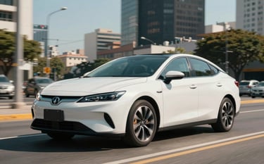 A sleek modern white sedan driving through a vibrant, sunlit city street in a Latinoamericano metropolis. Clean composition focusing on the car's efficiency and modern design. Professional street photography with soft shadows and a sense of movement, utilizing a light blue sky backdrop.