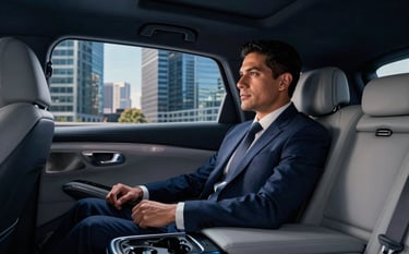 Interior of a premium luxury vehicle with high-quality leather seats and a professional driver in smart attire. View from the back seat showing a modern Latinoamericano business district through the window. Elegant lighting with dark blue and gray blue tones, reflecting high-end comfort.