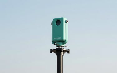 A high-precision GNSS receiver antenna mounted on a carbon fiber pole, standing against a crisp sky. The equipment is high-tech, symbolizing advanced geodetic positioning. Color accents include #3D6B5E and #8FBBA1.