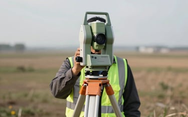 A professional land surveyor operating a high-precision laser total station on a tripod in a vast landscape. The surveyor wears a modern safety vest with accents of #3D6B5E green. The lighting is crisp daylight, highlighting the precision and technical reliability of the equipment.
