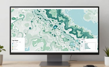 A top-down view of a professional desk featuring a large screen displaying a detailed cartographic map with topographic contours in #3D6B5E and #8FBBA1 colors. The workspace is clean and modern, reflecting expertise in digital mapping and geospatial data.