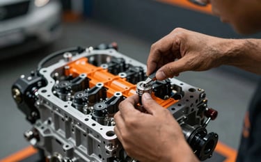 Close-up shot of a professional South American / Brazilian mechanic's hands in a modern garage, carefully assembling a high-performance engine. Dramatic lighting with vibrant orange highlights on metallic parts and a dark charcoal background. High-contrast, sharp technological style.