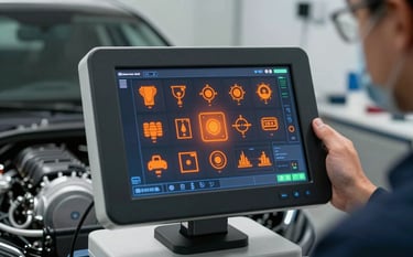 A high-tech diagnostic scanner screen held by a technician in a professional South American / Brazilian workshop. The background shows a blurred premium car engine. Color palette includes dark charcoal and vibrant orange glowing icons. Cinematic lighting.