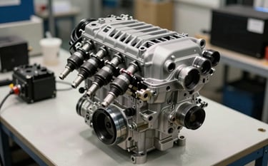 Sharp focus on clean, high-performance engine fuel injectors and electronic components on a workbench in a South American / Brazilian facility. Soft off-white lighting with deep black shadows. Professional, technological photography.