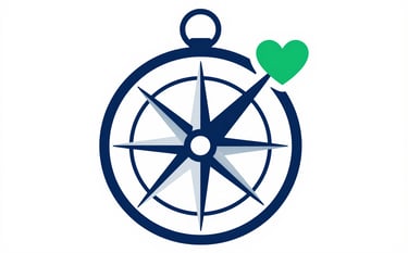 A clean, modern icon of a compass where the needle points to a heart symbol. Minimalist flat design using brand colors #4A8B87 and #0B2038. Represents navigation and independent facilitation in the Self-Determination Program. White background.