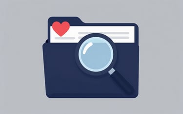 A modern, professional icon-style illustration of a magnifying glass hovering over an organized document folder. A small red heart (#A34343) is integrated into the folder tab. Deep navy (#0B2038) and grey tones. Minimalist and authoritative.