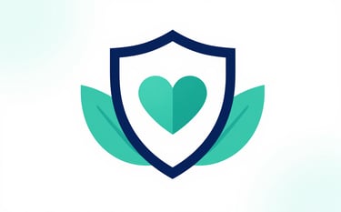 A clean, modern flat-style illustration representing protection and growth. A stylized shield with a heart at the center, surrounded by soft geometric leaf shapes. Uses brand colors #0B2038 and #4A8B87. No people, minimalist white background.