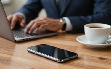 Close-up of a wooden desk with a sleek smartphone and a cup of Brazilian coffee. In the blurred background, a professional South American tele-attendance specialist works calmly, representing secure and reliable service in a sophisticated setting.