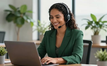 A professional South American woman wearing a high-quality headset and a dark green blazer, smiling while looking at a laptop screen in a bright, modern office in Brazil. The background shows soft natural light and lush green indoor plants, reflecting a grounded and professional atmosphere.