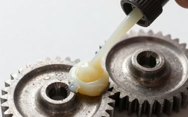 A technician applying thick grease to a large mechanical gear in an industrial plant.