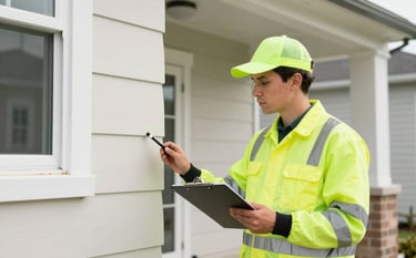 A professional pest control technician in a clean uniform with a clipboard, inspecting the exterior foundation of a modern North American / US residential home. Bright daylight, clear focus, featuring vibrant safety green and soft off-white tones.