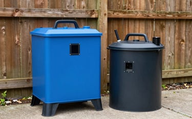 High-quality professional pest bait stations and application equipment placed neatly near a wooden garden fence in a North American / US backyard. Professional and clean aesthetic with trustworthy professional blue and deep charcoal black accents.