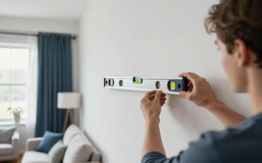 A focused professional photography shot of a modern North American living room with a person measuring a clean white wall with a level tool to prepare for a television wall mount installation. The room is bright with soft natural light, featuring Steel Blue and Off-White accents in the decor.