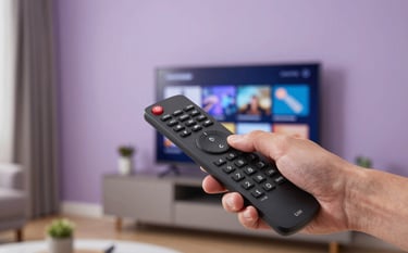 A close-up photograph of a person in a modern US home using a television remote to navigate a brand-specific activation menu. The background is a cozy, professional living space with Lavender Mist walls and sharp, modern lighting focused on the sleek TV screen.