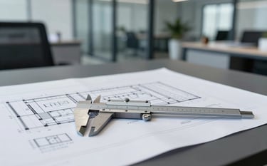 Architectural blueprints and a high-precision metal caliper resting on a sleek, dark office desk. In the background, a blurred modern office space with steel and glass elements. Professional, precise engineering theme with colors like #4A5568 and #A0AEC0.