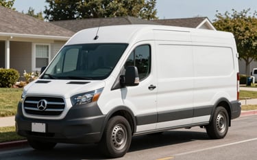 Photography of a professionally branded service van parked on a suburban North American / US street. The scene is bright and conveys trust, with a clean steel blue and off-white color scheme. The composition shows the van at an angle, suggesting rapid response and mobility.