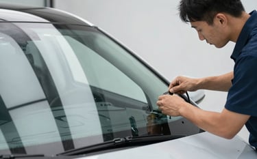 A clean, modern photograph of a certified technician installing a brand-new, high-quality front windshield into a modern car in a North American / US garage. The composition is clean and focused on the precise alignment of the glass. Lighting is professional and bright.