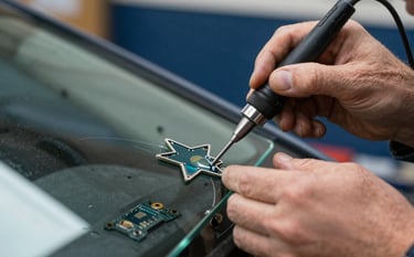 A close-up photograph of a professional technician in a North American / US setting using a precision resin tool to repair a star-shaped chip in a windshield. The lighting is bright and natural, highlighting the clarity of the glass and the efficiency of the process. Colors include steel blue and deep navy in the background.