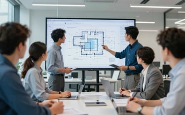 A professional engineering office in a European city. A diverse team of engineers in business casual attire are reviewing technical blueprints on a large screen. The lighting is bright and modern, with accents of #7094B9 and #1F3F6D in the office decor. High-tech, trustworthy atmosphere.