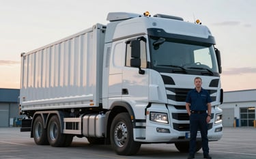 A clean, modern heavy-duty truck parked at a professional logistics hub in Europe. The driver is standing beside it, looking professional and reliable. Background features a sunrise, with a palette emphasizing #EAF2F8 and #7094B9. Clear, sharp, results-oriented composition.