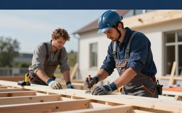 Skilled craftsmen working on a sustainable building project in Europe. One worker is using advanced tools while wearing professional safety gear. The lighting is crisp, natural daylight. Color palette includes #0A192F and #EAF2F8. Clean and modern aesthetic.