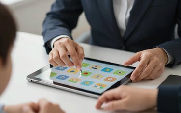 Close-up of a teacher's hands and a student's hands together using a tablet for an educational game. The environment is clean and professional with deep charcoal and soft white accents.