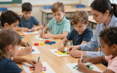 A group of diverse children in a classroom setting, focusing on tactile learning tools and colorful sensory materials on a wooden table. The scene is shot with a shallow depth of field, emphasizing inclusion and professional guidance.