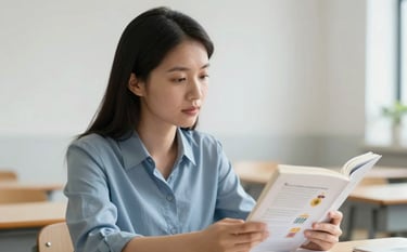 A professional female educator sitting in a bright classroom with soft white walls, looking thoughtfully at a book showing inclusive educational diagrams. She wears a mist blue shirt. Soft natural lighting creates a supportive atmosphere.