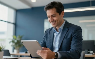 A professional Central American man in a modern, bright office in Guatemala City, smiling while using a digital tablet to review insurance policies. The lighting is clean and efficient, with a palette of dark blue and white in the background.