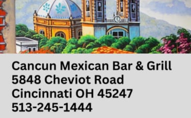 Cancun Mexican Bar & Grill address and phone number in Cincinnati, Ohio with colorful painting.