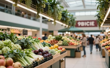 A vibrant, modern food market scene. High ceilings, clean architectural lines, and organized stalls of fresh produce. The color palette is dominated by #FDF5E6 tones with pops of #364536 green foliage and #9B1C1C market signage.