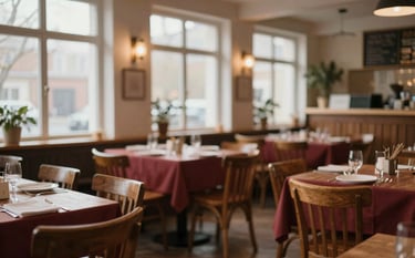 A wide shot of a cozy, Scandinavian-style restaurant interior. The scene features warm #4A3C32 wooden furniture, soft morning light through large windows, and subtle #9B1C1C crimson accents in the table linens. The atmosphere is authentic and inviting.