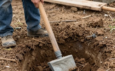 A construction worker uses a manual post hole digger to excavate soil for a fence post foundation.