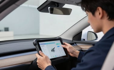 Photography of a technician inside a modern car cabin in a North American urban environment. They are using a specialized diagnostic tablet to calibrate a safety camera behind the mirror. High-tech tools, clean aesthetic, muted blue and off-white lighting.