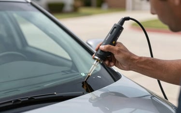 Close-up photography of a professional technician's hand using a high-precision resin injector on a car windshield chip. The setting is a bright North American driveway, with soft light reflecting off a clean silver vehicle. Professional excellence and reliability, with focus on the precision tool and glass.