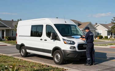 Wide shot of a clean, modern white mobile service van parked in a North American suburban neighborhood. A professional technician in a branded dark navy uniform is carefully preparing a new windshield for installation. Bright blue sky and sharp morning lighting.