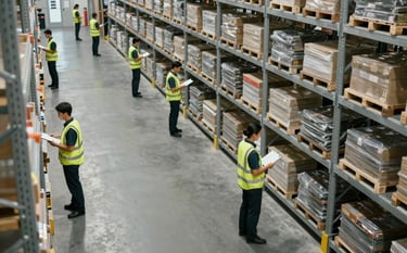 A high-angle shot of a vast, organized warehouse with silver grey industrial shelving. Staff members wearing golden yellow safety vests and charcoal black trousers are seen working with clipboards. The lighting is bright and professional, creating a clean and efficient atmosphere.