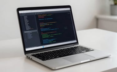 A close-up shot of a high-tech laptop displaying code and communication streams, situated in a minimalist North American / US home office. The color palette includes Dark Navy shadows and crisp Off-White surfaces, reflecting a mood of intelligent automation and reliable tech.