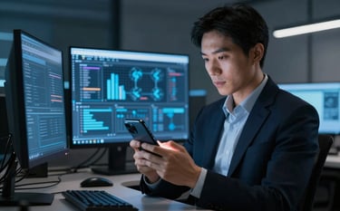 A sophisticated professional in a modern North American / US office environment, using a sleek smartphone. The lighting is low-key with accents of Deep Blue and Steel Blue from ambient digital screens. High-end, sharp focus, capturing an atmosphere of technological prowess and efficiency.