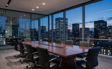 A wide-angle interior of a sleek, glass-walled North American / US corporate boardroom at twilight. Reflections of city lights create a Steel Blue and Dark Navy ambiance. The scene is sophisticated and conveys high-level business intelligence and modern power.