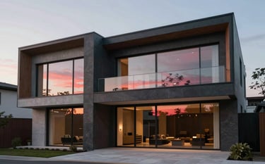 A sleek, modern luxury home exterior with large glass panels, reflecting a crimson sunset sky. The lighting is crisp and sophisticated. The composition features sharp architectural lines and charcoal-toned building materials, conveying prestige and high-end residential living.