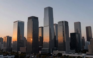 A panoramic view of a modern city skyline at dawn. Glass skyscrapers reflect amber light and deep charcoal tones. The composition is expansive and powerful, representing commercial growth and savvy business opportunities in real estate.