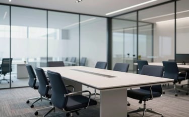 A professional and minimalist wide-angle shot of a bright modern office meeting room. The space is filled with soft natural light. Furniture is sleek with Dark Navy accents and Soft Cloud White surfaces. A blurred glass wall in the background reflects a clean, corporate environment.