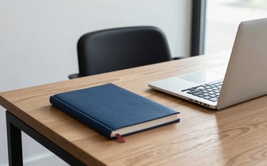Minimalist photography of a bright, modern office in a Spanish / Iberian & Latin American city. A high-end wooden desk features a deep blue notebook and a sleek silver laptop. A soft black chair is partially visible. The lighting is natural, airy, and sophisticated, reflecting a high-value financial intelligence environment.