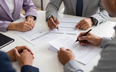 Elegant photography of a meeting between professionals in a Spanish / Iberian & Latin American workspace. Focused on hands reviewing clean, organized financial documents on a warm white table. Accents of lavender grey in the professional attire and stationery, conveying authority and clarity.