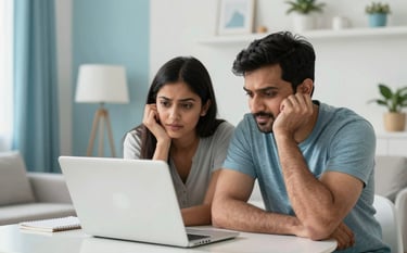 A bright photography of a professional South Asian couple in their home, looking at a laptop with expressions of relief and confidence. The room is styled with modern Indian decor and accents of Light Blue and White.
